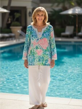 Lilly Pulitzer XL Tropical print V-Neck Tunic Elsa style lace trim bright resort